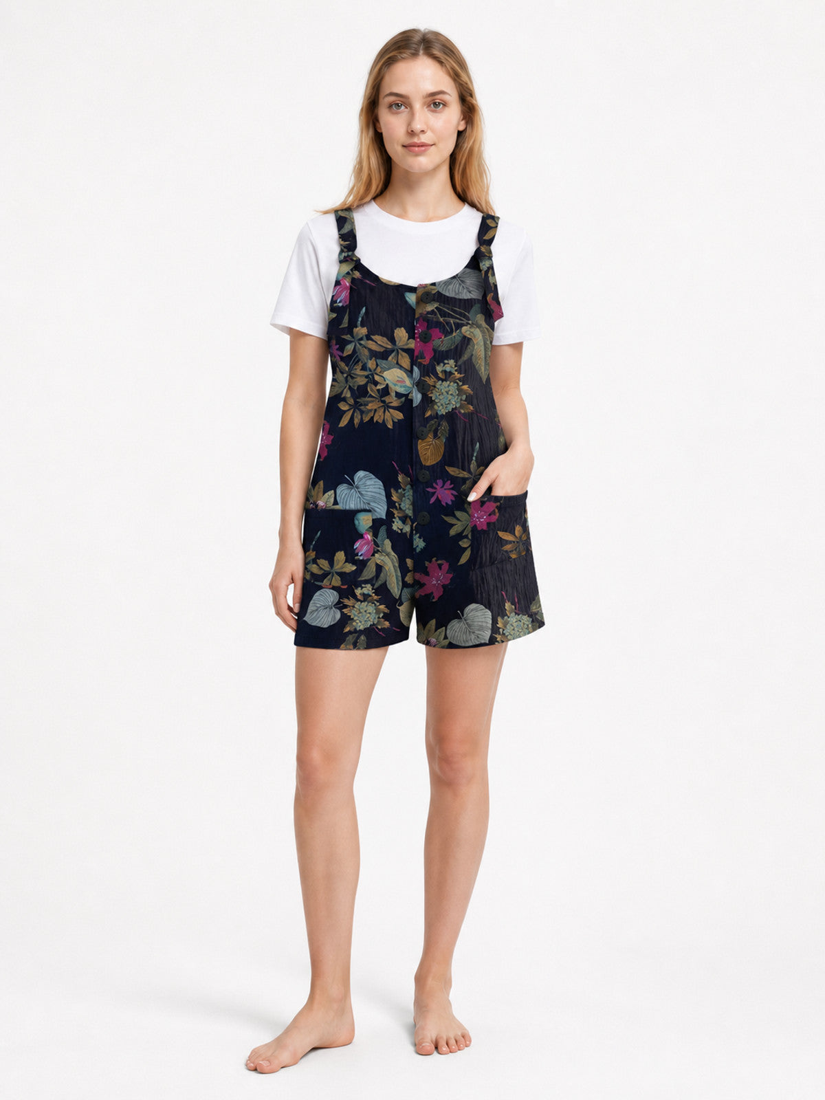 Dark Blue Overall Shorts with Yellow Floral Print