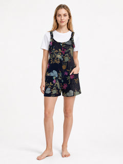 Dark Blue Overall Shorts with Yellow Floral Print