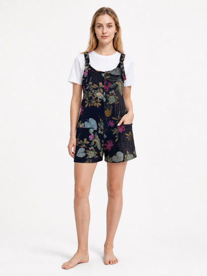 Dark Blue Overall Shorts with Yellow Floral Print