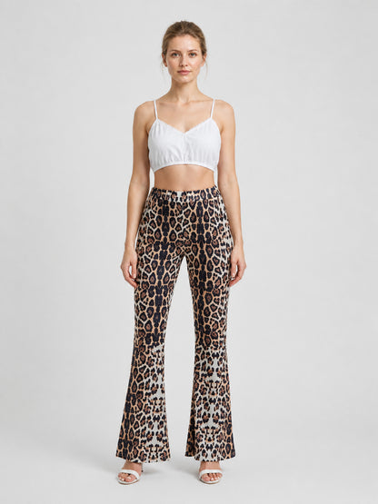 Long High-Waisted Leopard-Print Flare Pants on-model view