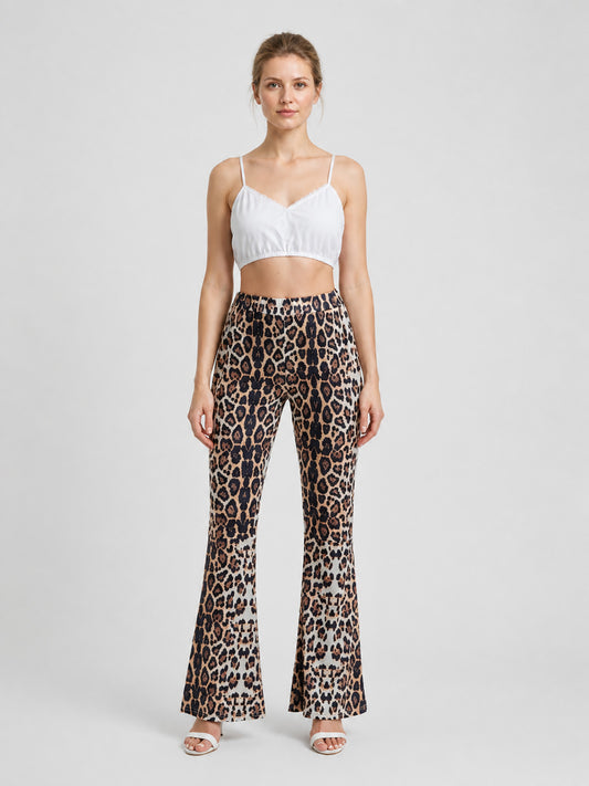 Long High-Waisted Leopard-Print Flare Pants on-model view