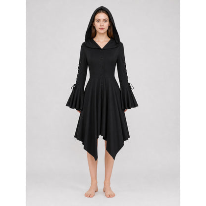 Gothic Hooded Dress with an Asymmetrical Hem