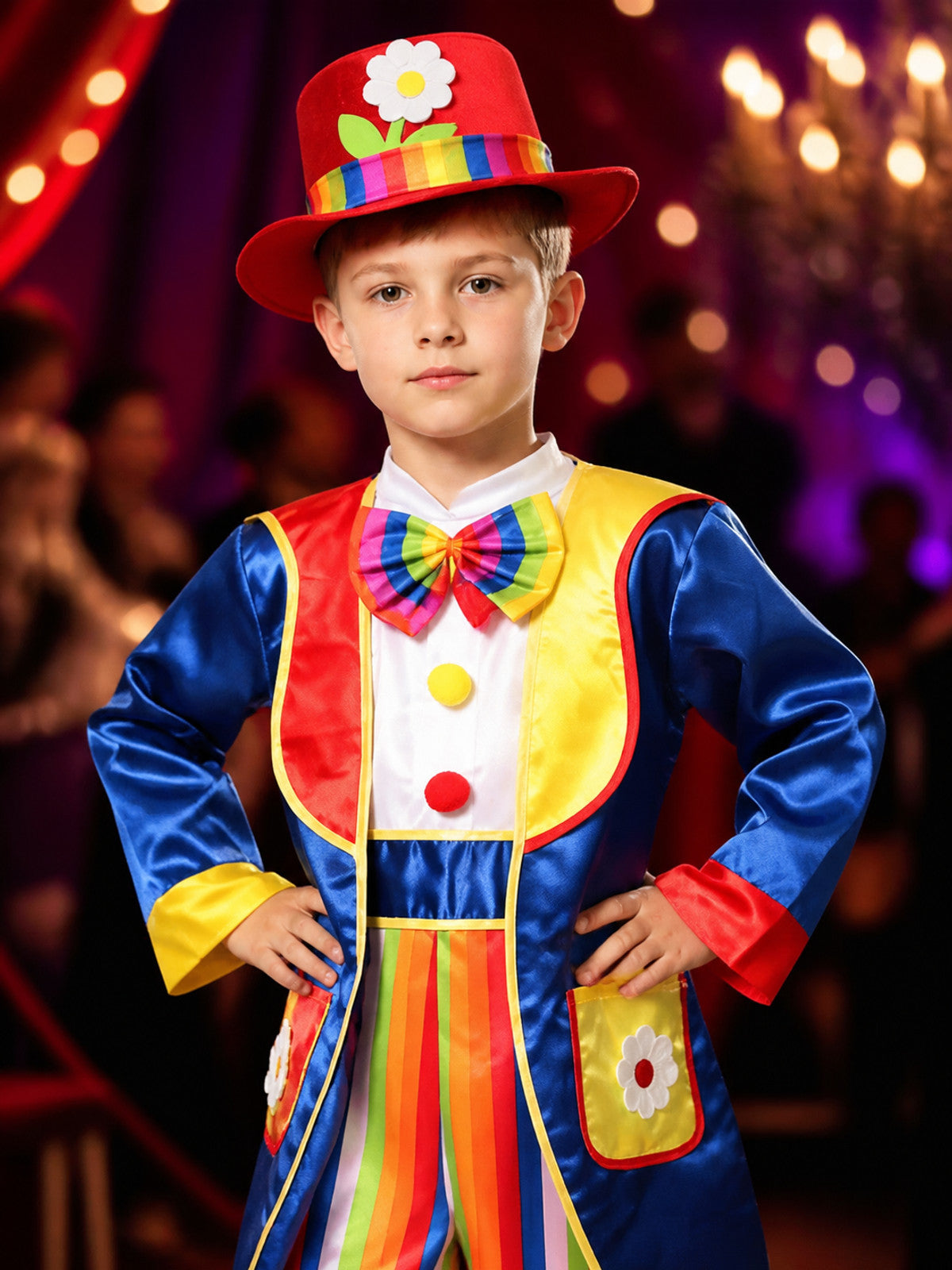 Kids' Colorful Clown Circus Costume Set with Bodysuit, Jacket, Hat and Bow Tie on-model view