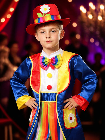 Kids' Colorful Clown Circus Costume Set with Bodysuit, Jacket, Hat and Bow Tie on-model view