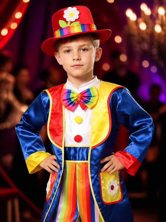 Kids' Colorful Clown Circus Costume Set with Bodysuit, Jacket, Hat and Bow Tie on-model view