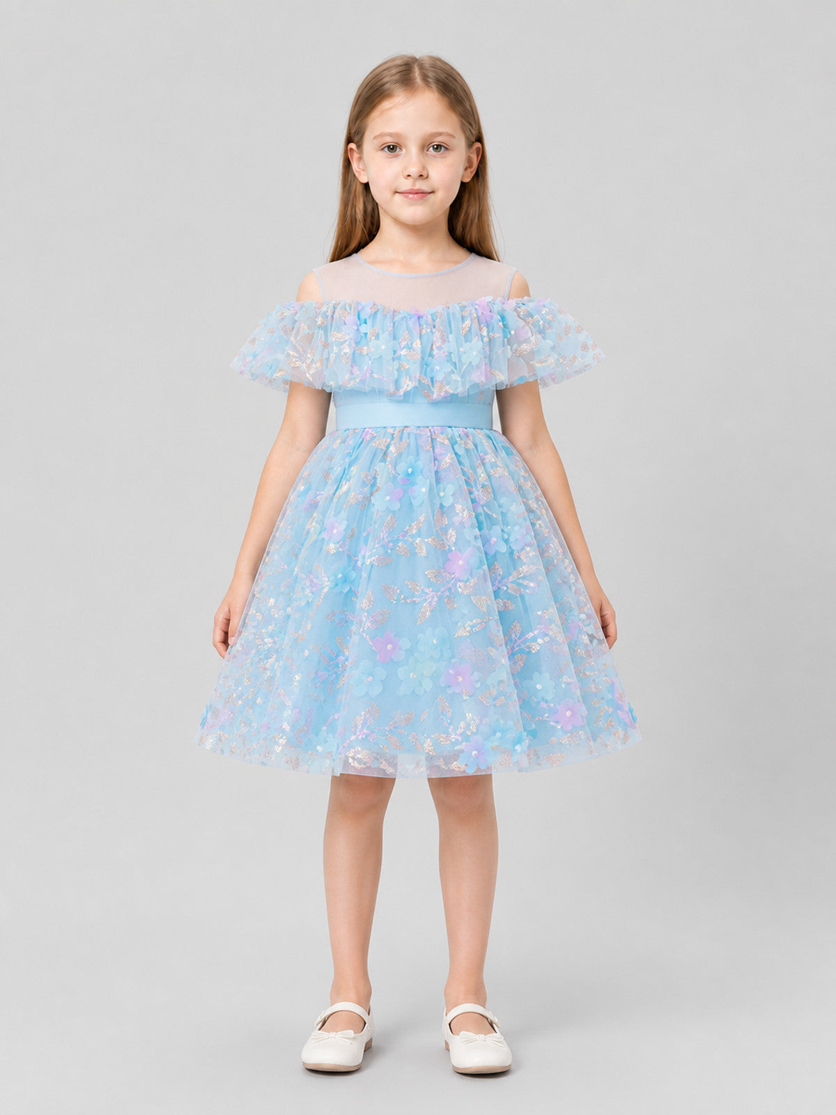 Blue Princess Dress with Flowers and a Full Skirt