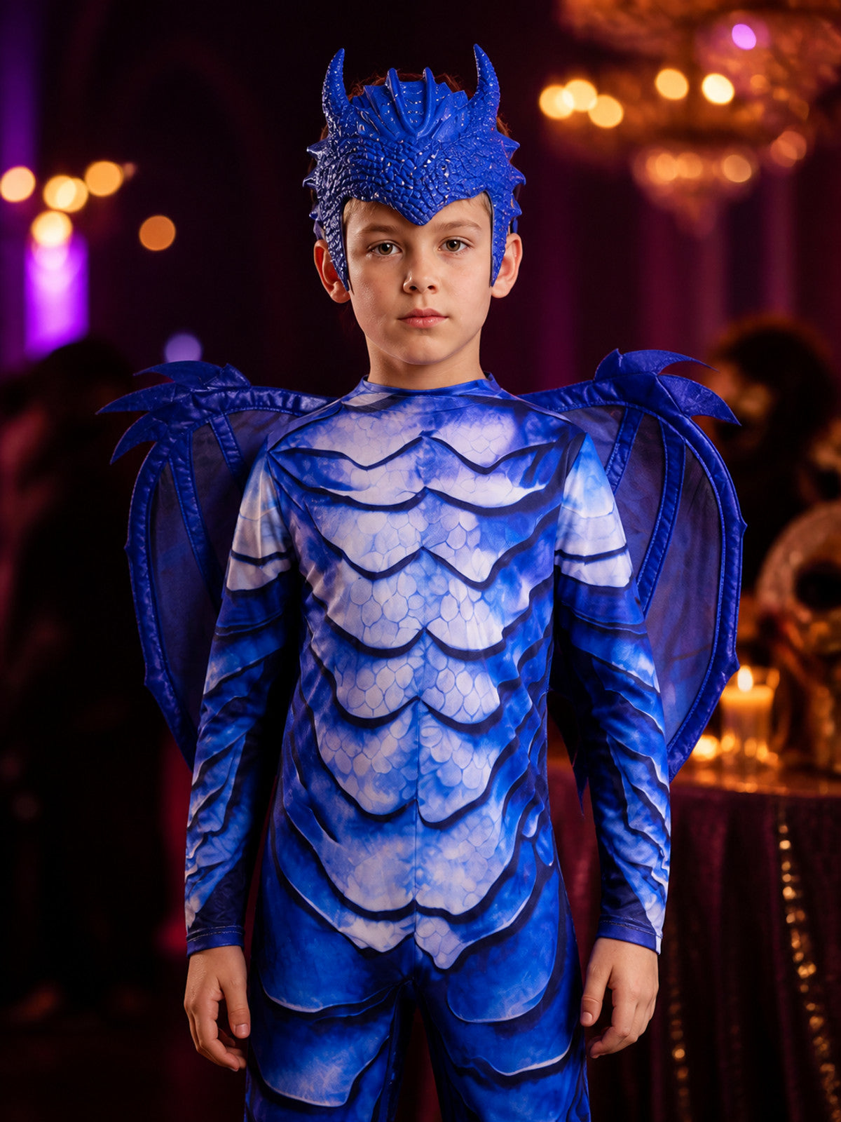 Kids' Ice Dragon Costume, Blue Dragon Bodysuit with Wings, Horns & Tail on-model view