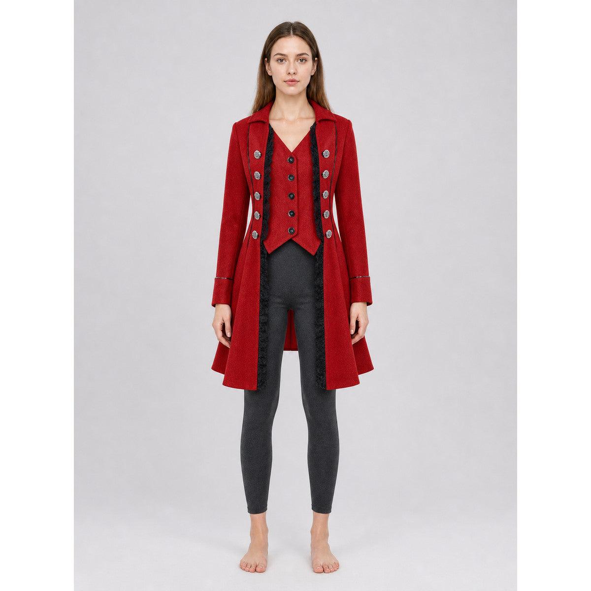 Red decorative tailcoat with long sleeves on-model view