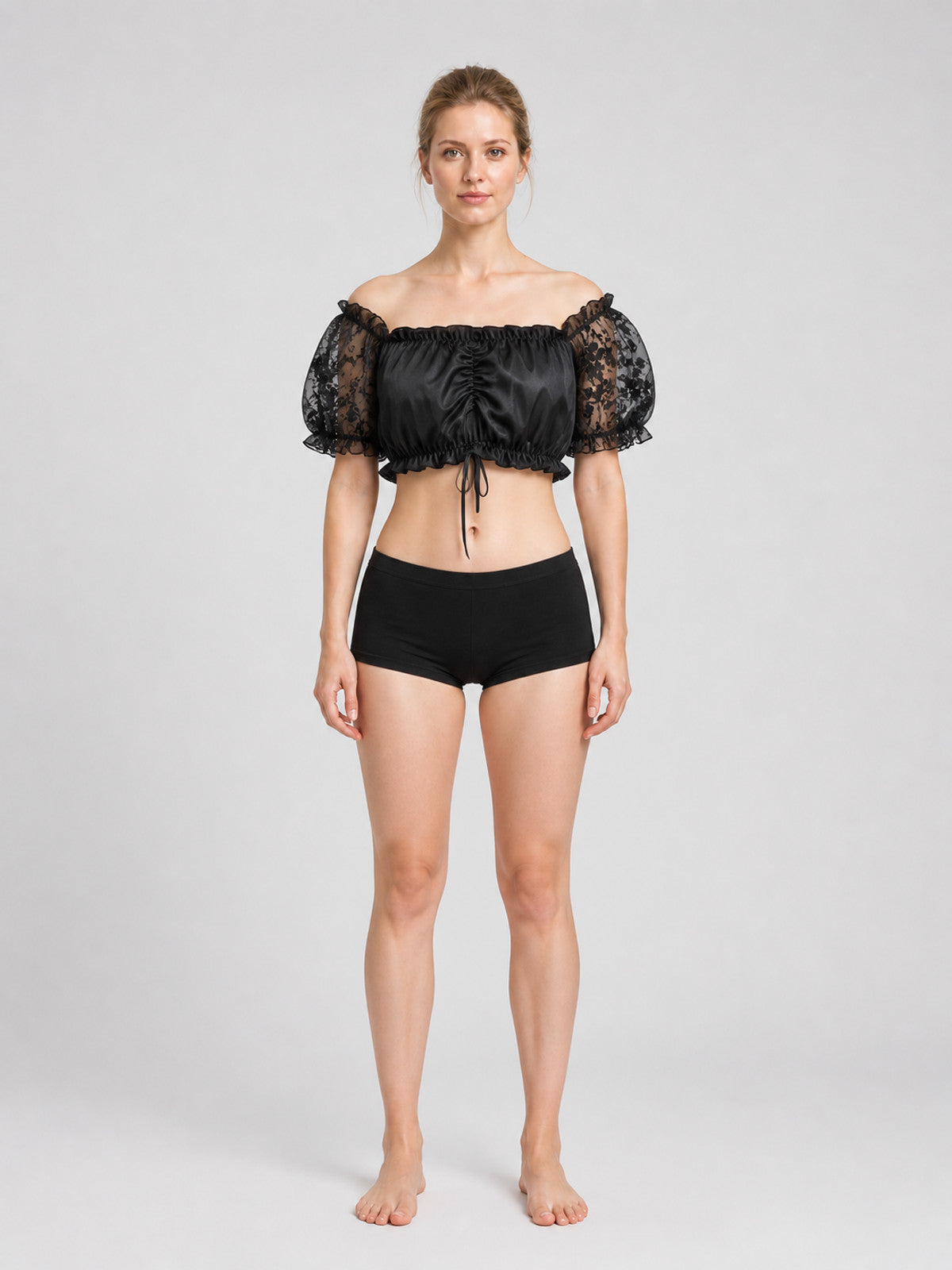 Black Top with Sheer Floral Sleeves on-model view