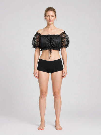 Black Top with Sheer Floral Sleeves on-model view