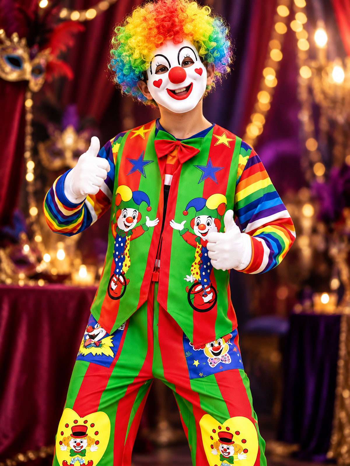 Multicolor Clown Costume with Wig, Mask, and Gloves