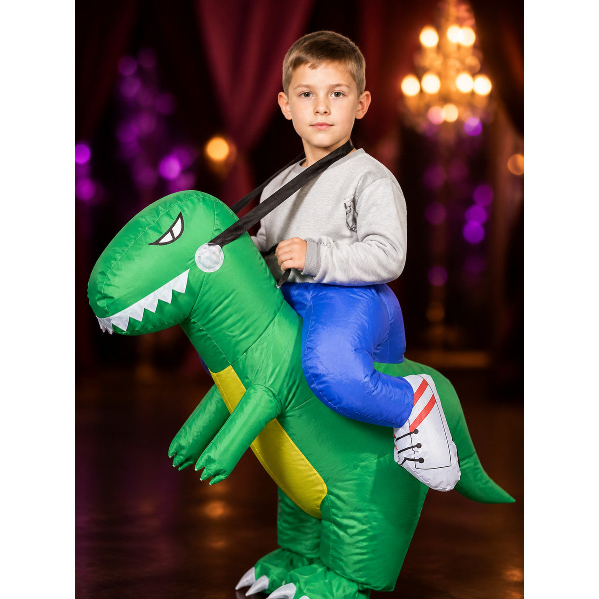 Green Inflatable Dinosaur Costume with White Teeth and Long Tail for Halloween on-model view