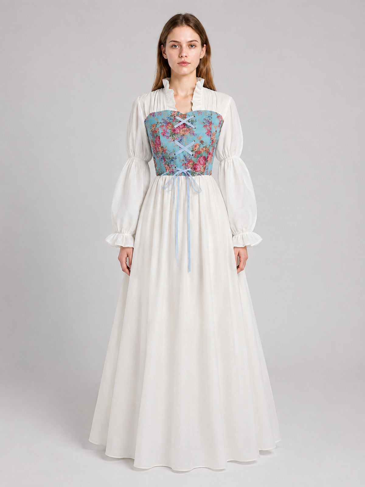 Long Dress with Corset-Style Bodice and Full Sleeves on-model view