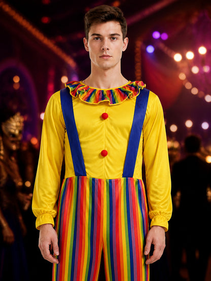 Adult Clown Jumpsuit Costume, Colorful Striped Halloween Outfit with Suspenders on-model view