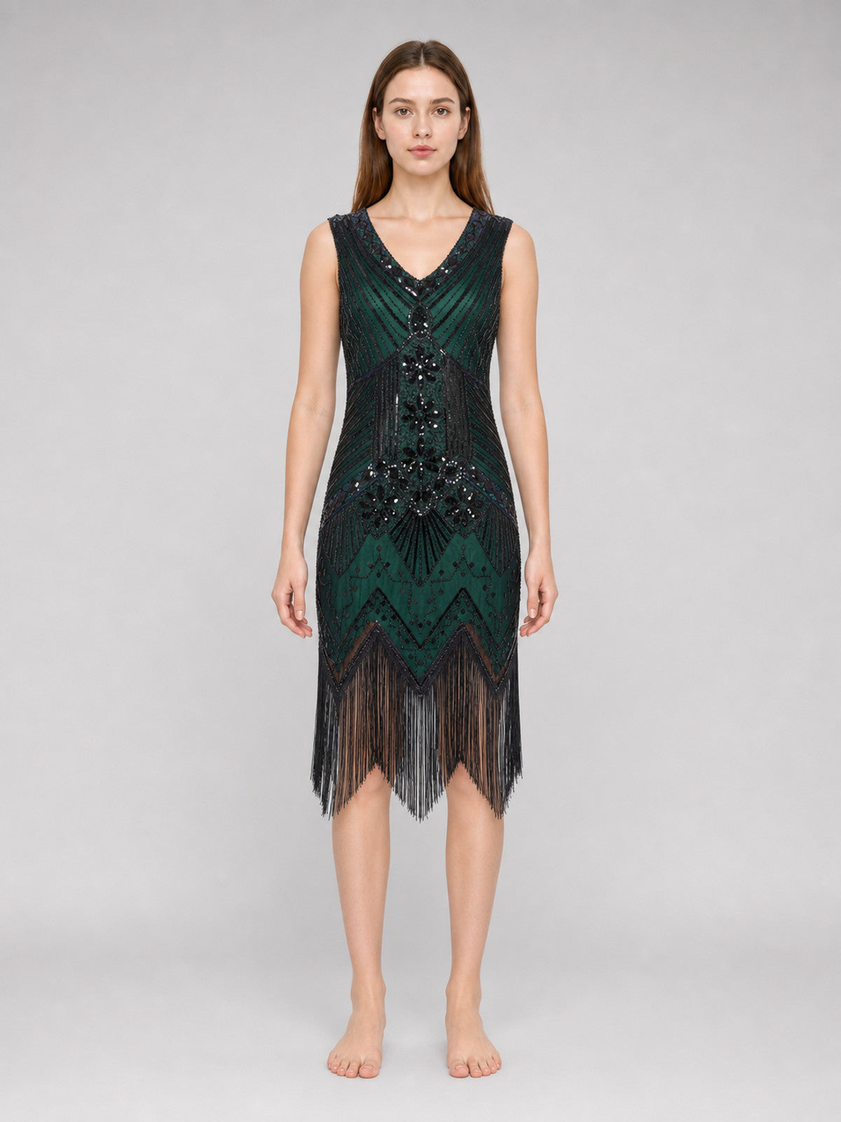 This flapper dress is designed in the Art Deco aesthetic and captures the front view
