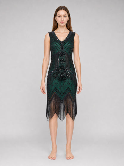 This flapper dress is designed in the Art Deco aesthetic and captures the front view