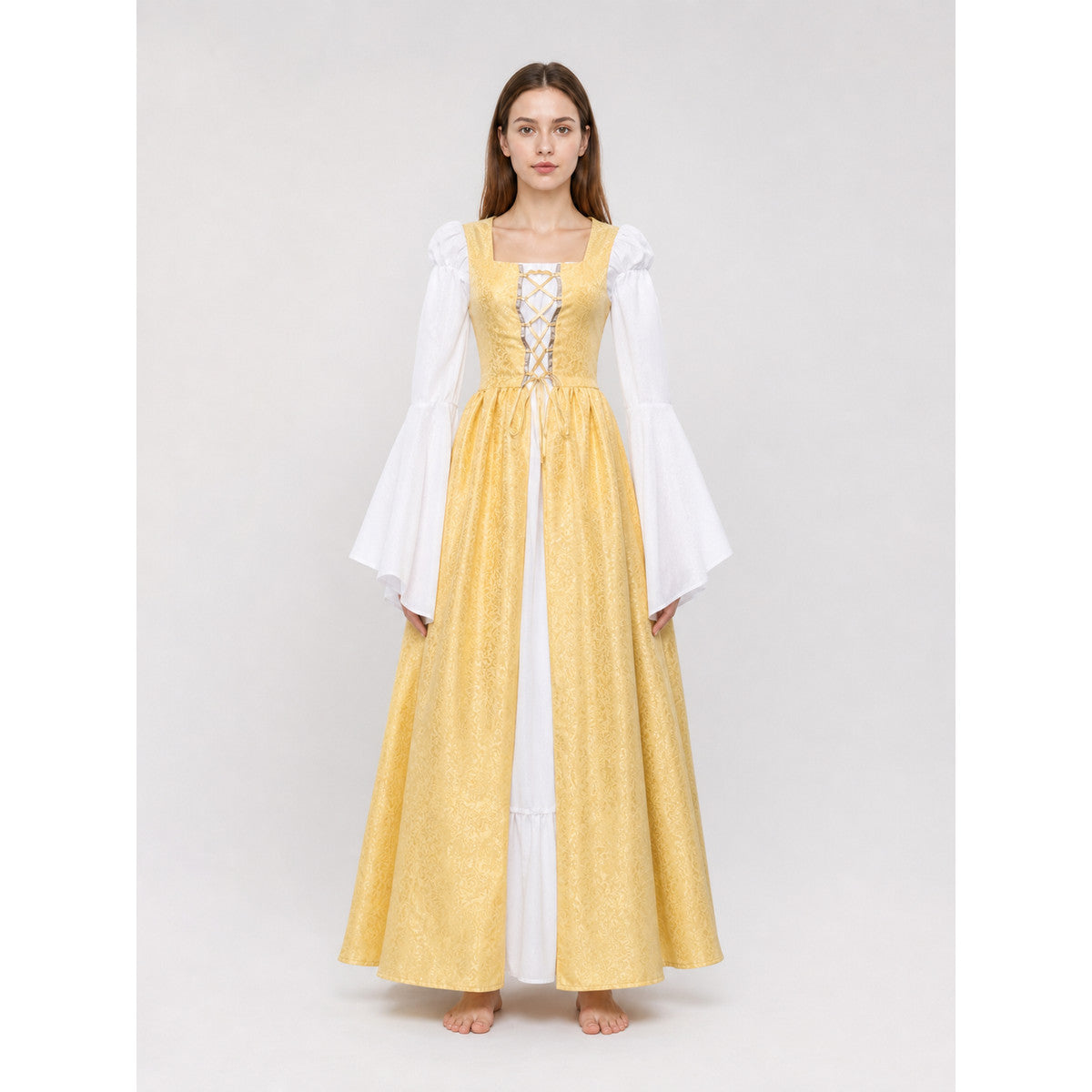 The yellow dress is designed in a fairytale costume style with distinctive on-model view