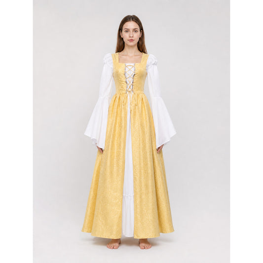The yellow dress is designed in a fairytale costume style with distinctive on-model view