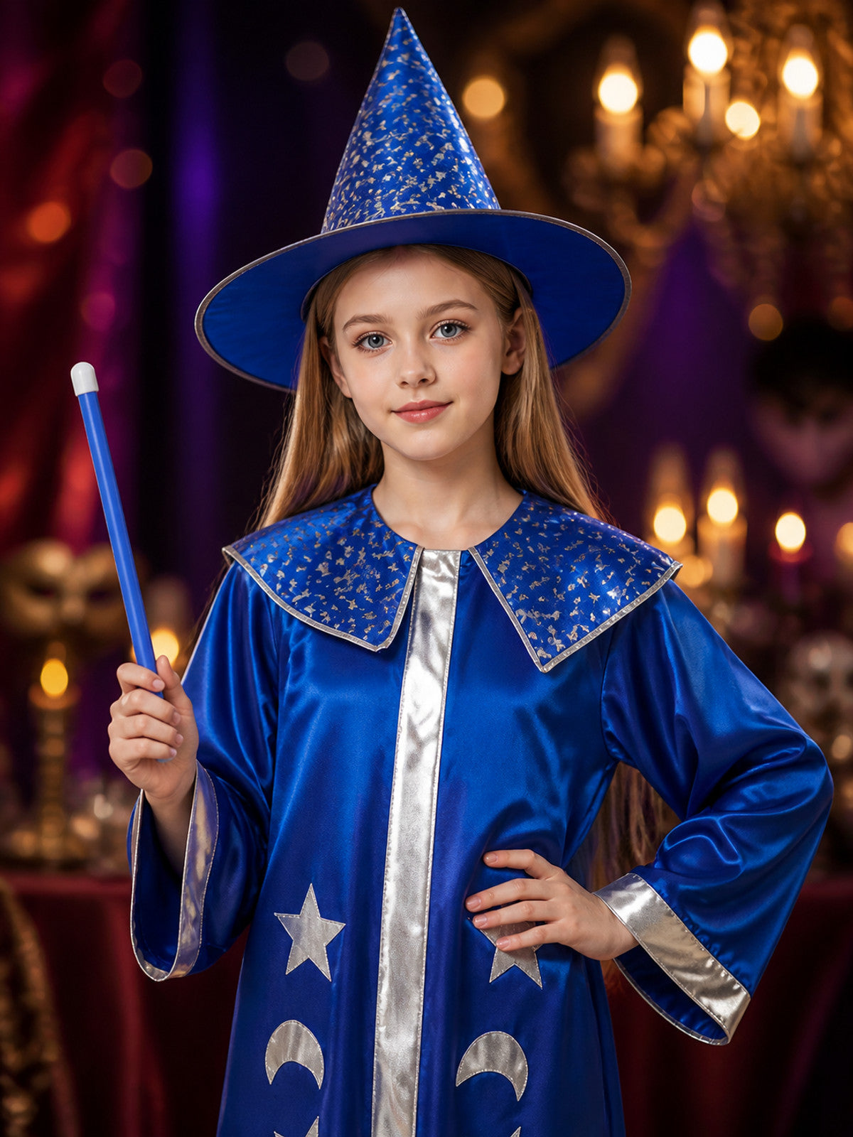 Wizard Costume Set with Blue Cape and Pointed Hat, Star and Moon Silver Trim for on-model view