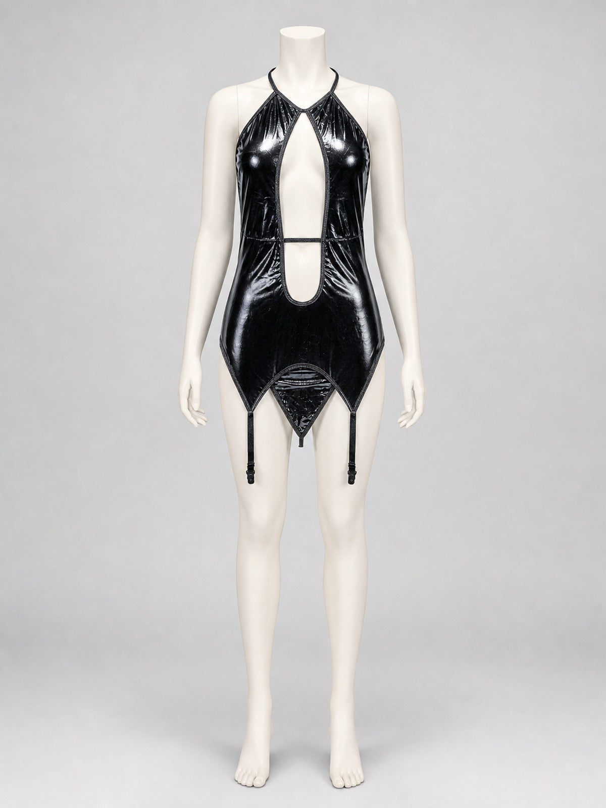 Black Erotic Bodysuit with Thin Straps and Cutout on-model view