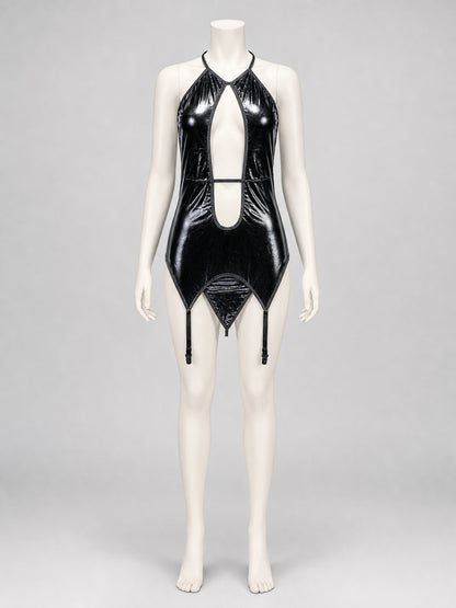 Black Erotic Bodysuit with Thin Straps and Cutout on-model view