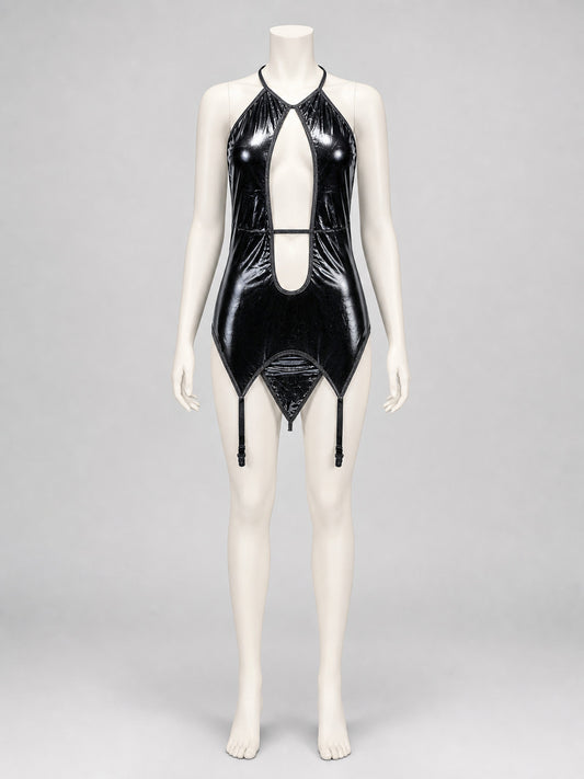 Black Erotic Bodysuit with Thin Straps and Cutout on-model view