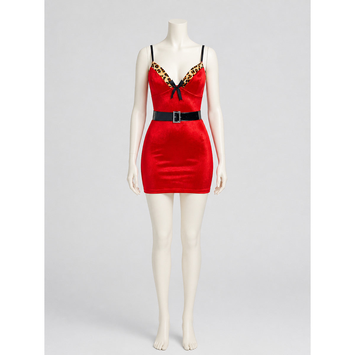 Red New Year's Dress with Leopard Print and Bow on-model view
