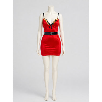 Red New Year's Dress with Leopard Print and Bow on-model view