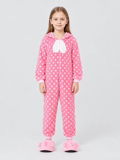 Kids' Hooded One-Piece Pajama, Pink with Polka Dots