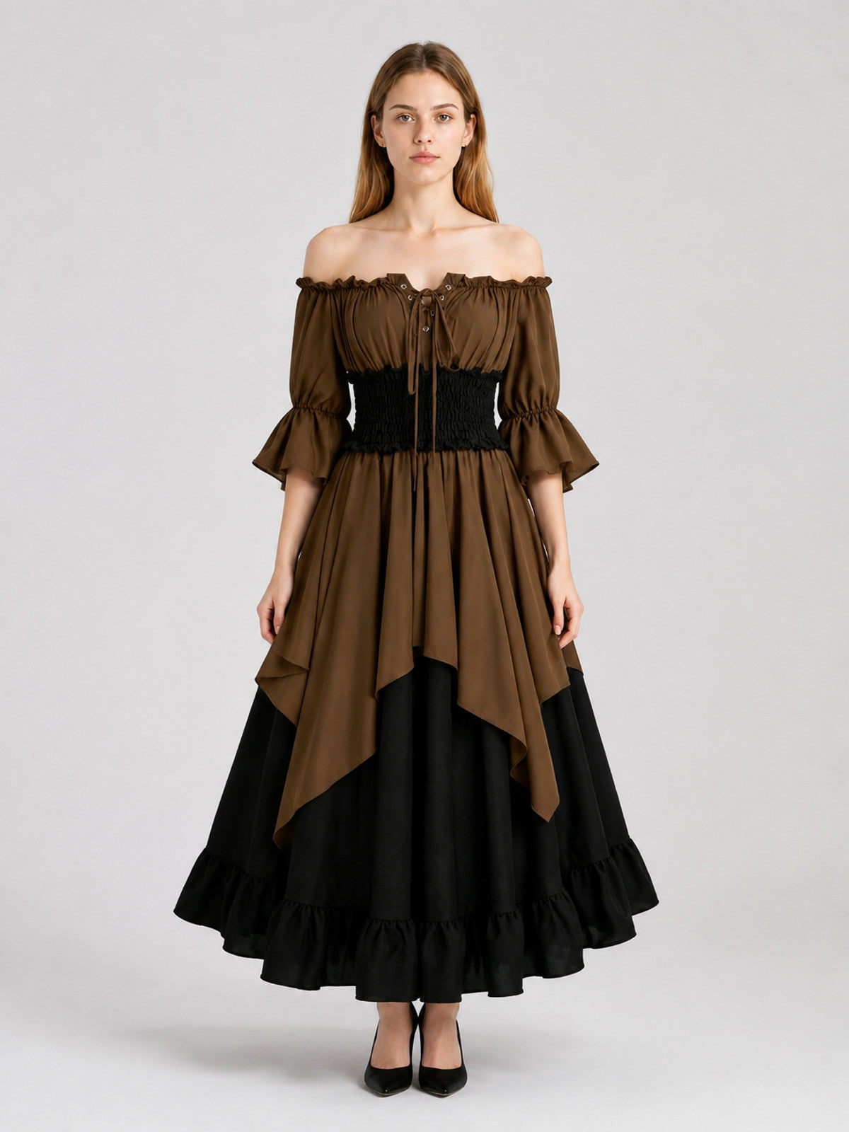 Medieval Off-the-Shoulder Lace-Up Dress on-model view