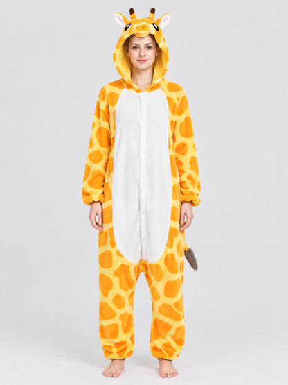 Flannel Kigurumi Pajama Jumpsuit with Giraffe Hood