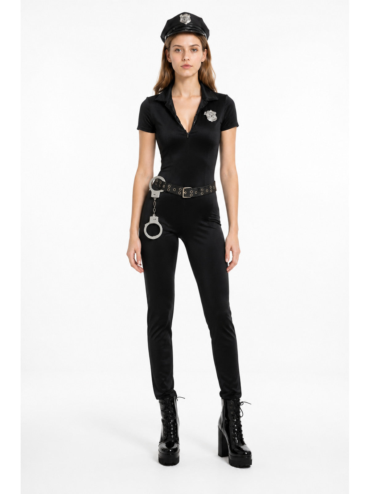 Black Police Officer Jumpsuit with Belt and Handcuffs main product view