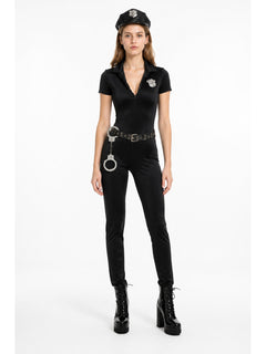 Women's Black Police Officer Costume – Short Sleeve Zip Jumpsuit with Hat, Belt & Handcuffs