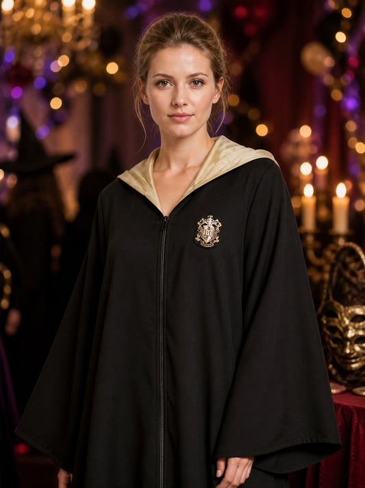 Women's Academy-Themed Hooded Wizard Robe Costume, Black and Gold on-model view