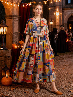 Colorful Geometric Patchwork Print Short Sleeve Long A-Line Dress with Round