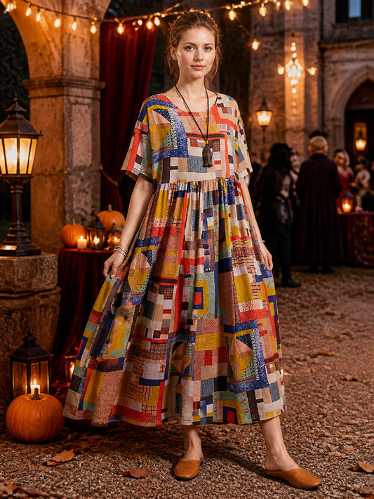 Colorful Geometric Patchwork Print Short Sleeve Long A-Line Dress with Round