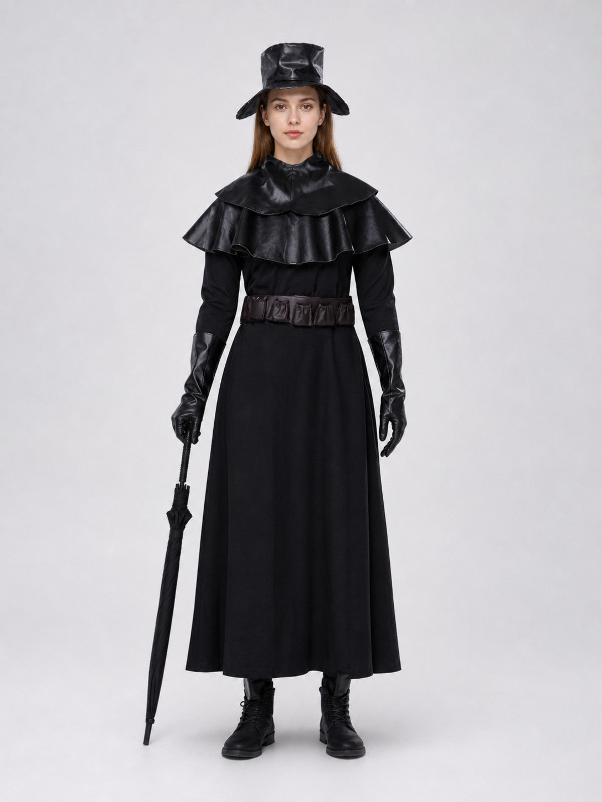 Plague Doctor Costume with Mask and Hat on-model view