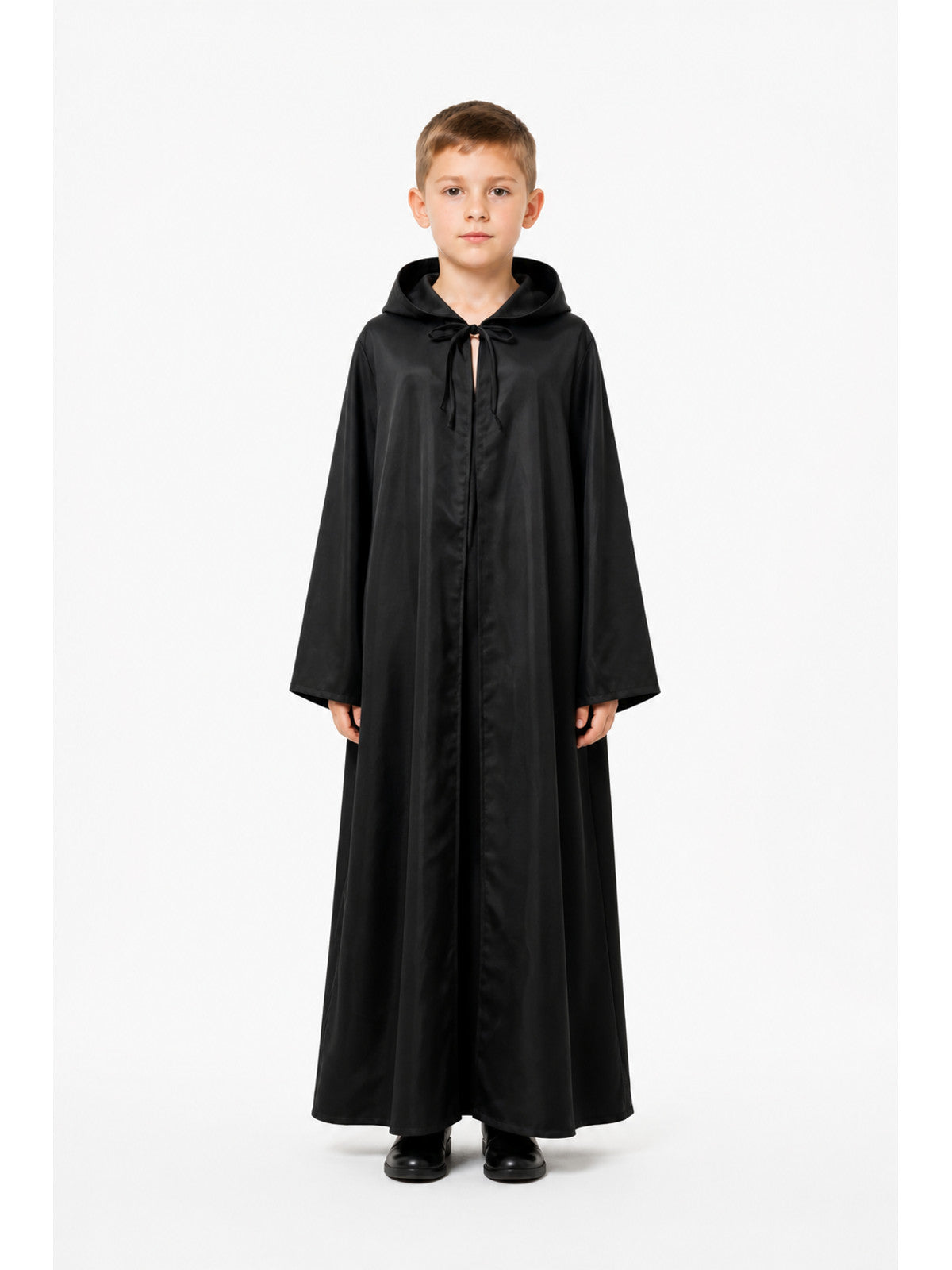 Long Black Hooded Cloak with Tie Closures main product view