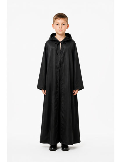 Long Black Hooded Cloak with Tie Closures main product view
