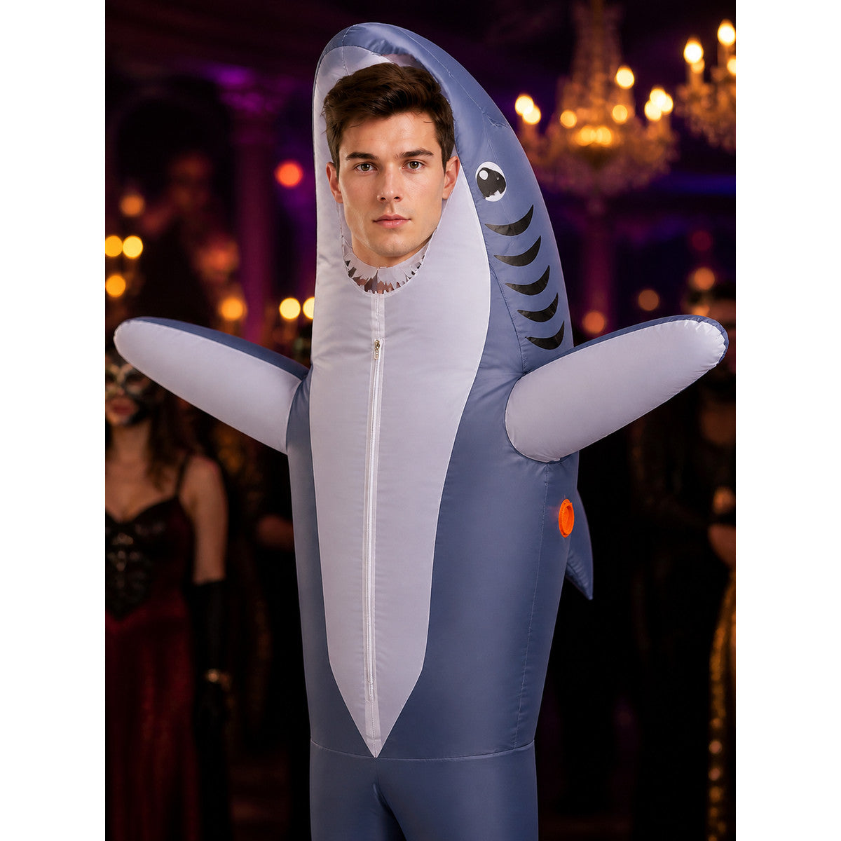 Shark Inflatable Jumpsuit Costume, Full-Body Halloween Performance Outfit on-model view