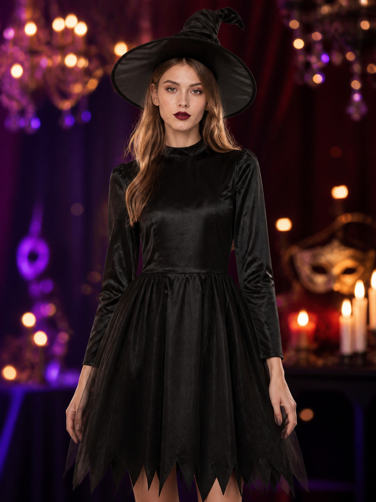 Women's Black Witch Costume Set, Long-Sleeve Dress With Pointed Hat on-model view