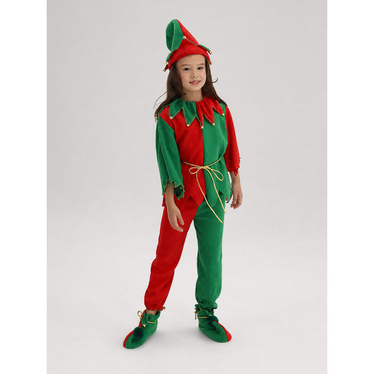 Children's Christmas elf costume in a festive red-and-green design with gold and yellow trim. The set includes a pointed hat with a curled tip and small dangling decorative elements, a long-sleeve top, pants, a gold tie belt for the waist,