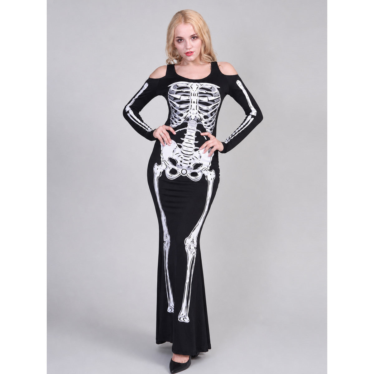 Halloween Skeleton Print Costume Dress on-model view