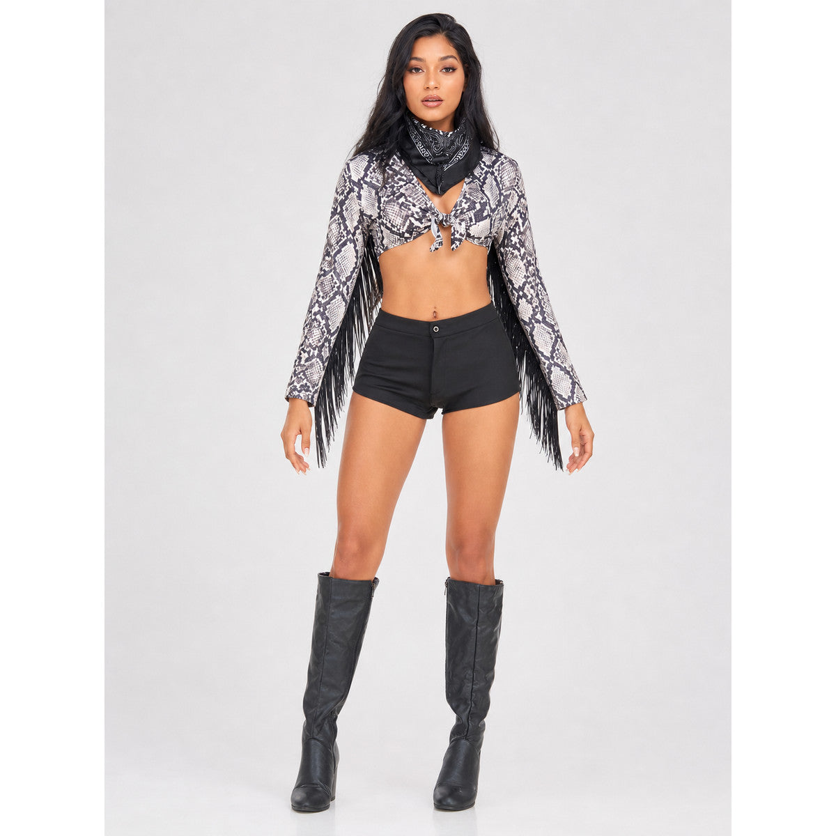 Cropped Jacket with Fringe and Snake Print front view