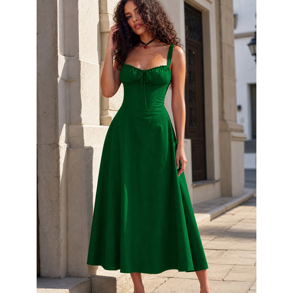 Women’s Green Maxi Dress with Straps and a Square Neckline