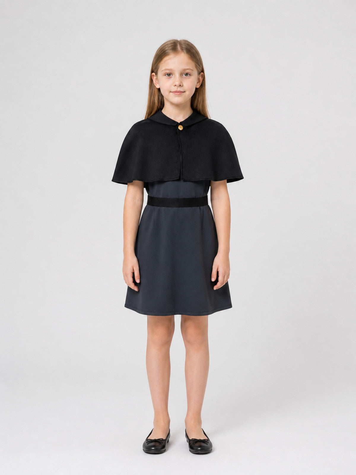 Amity Cosplay Dress, Black, with Belt and Gold Buttons on-model view
