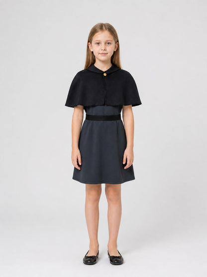 Amity Cosplay Dress, Black, with Belt and Gold Buttons on-model view