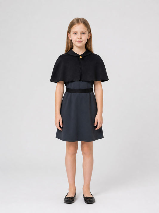 Amity Cosplay Dress, Black, with Belt and Gold Buttons on-model view