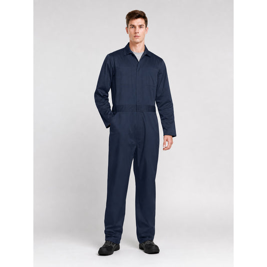 Navy blue jumpsuit in smooth fabric shown full-body on a model, with a collared neckline, front zipper, long sleeves, and side pockets