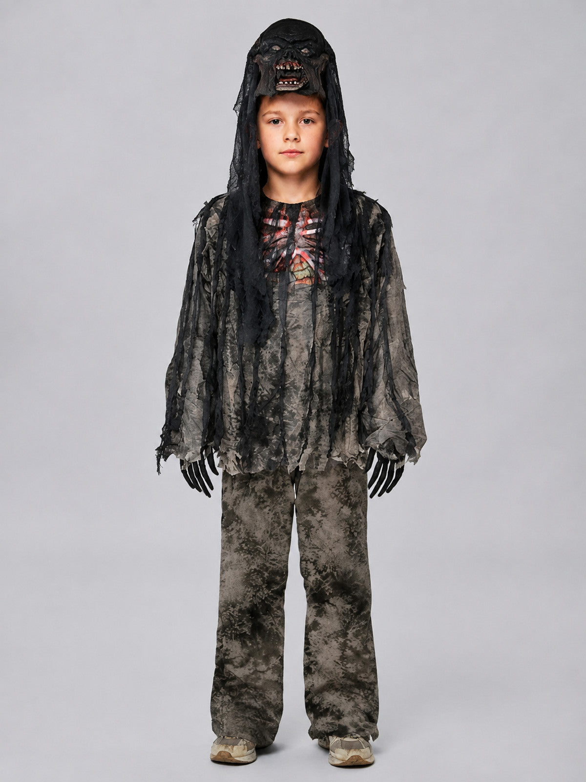 Zombie Skeleton Costume with Mask or Hood on-model view